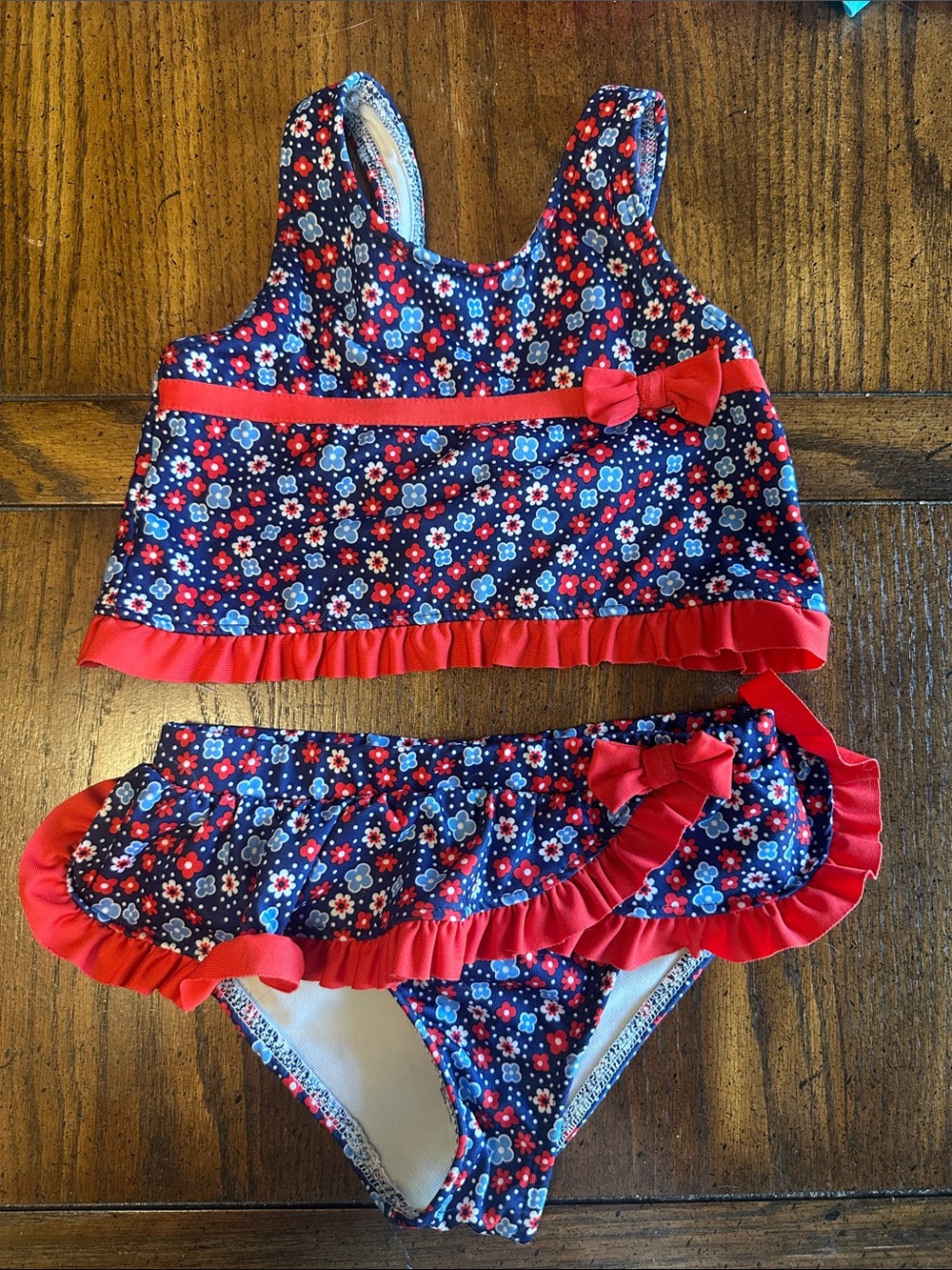 LILY & DAN | Girls Navy Floral Ruffle Tankini Swim Set with Red Trim Size 4T